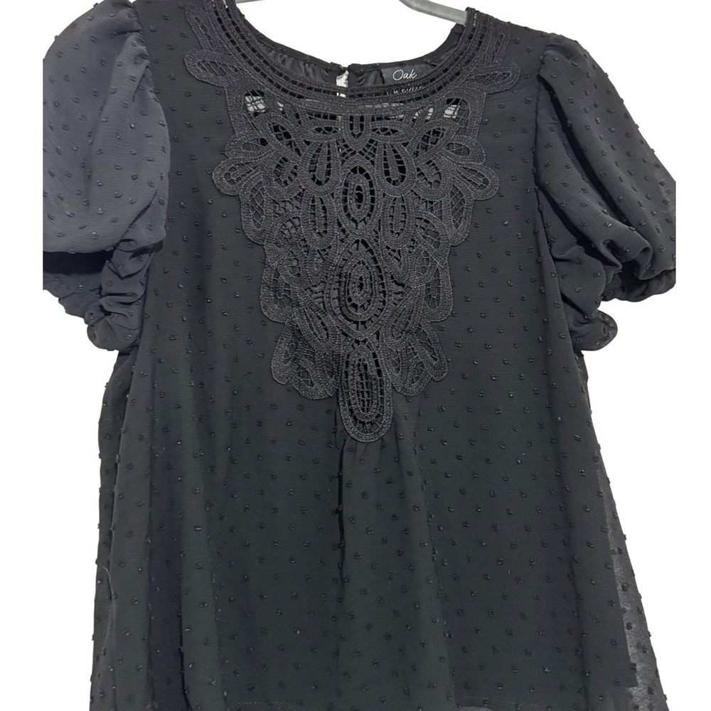 Oak & Trellis Black Swiss Dot Crochet Lace Bib Puff Sleeve Blouse Top Large - Picture 2 of 4